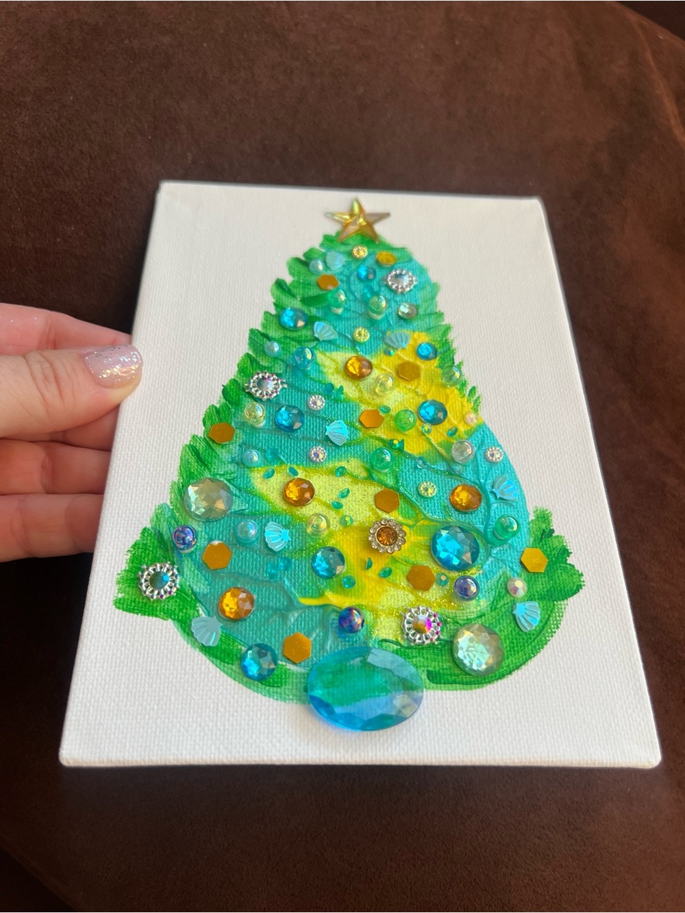 Embellished Green & Teal Holiday Tree Canvas Aqua & Gold Jeweled Christmas Tree - Picture 3 of 10
